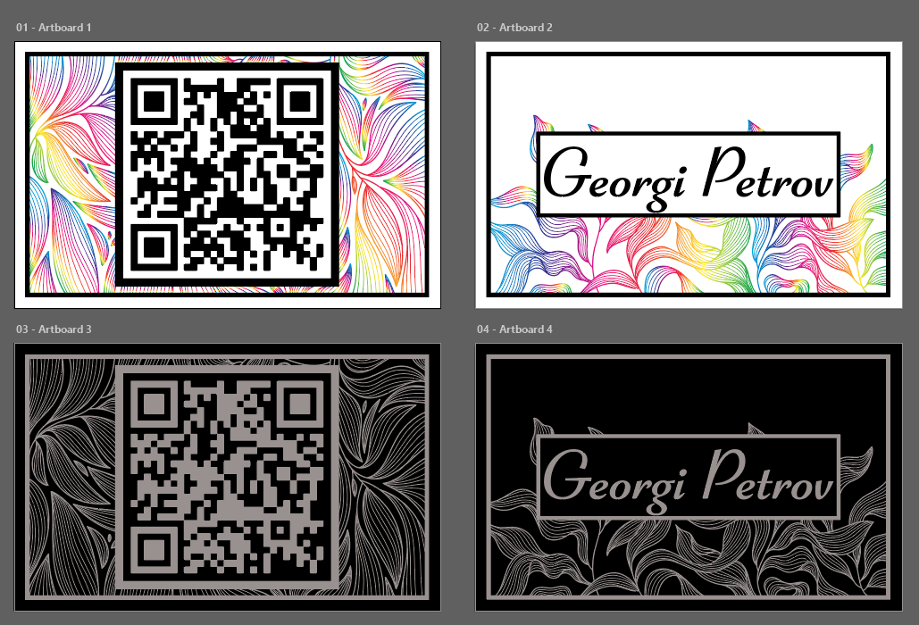 Illustrator artboards with the card design and variations allowing for printing of white for NFC card on UV printer